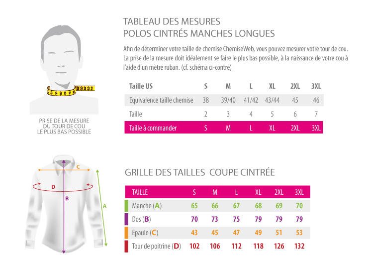 tableau des mesures - Polos cintrÃ©s manches longues