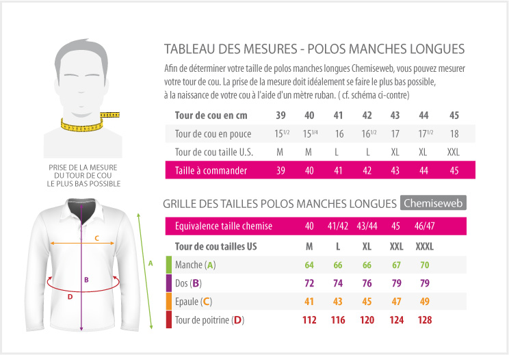 tableau des mesures - Polos manches longues